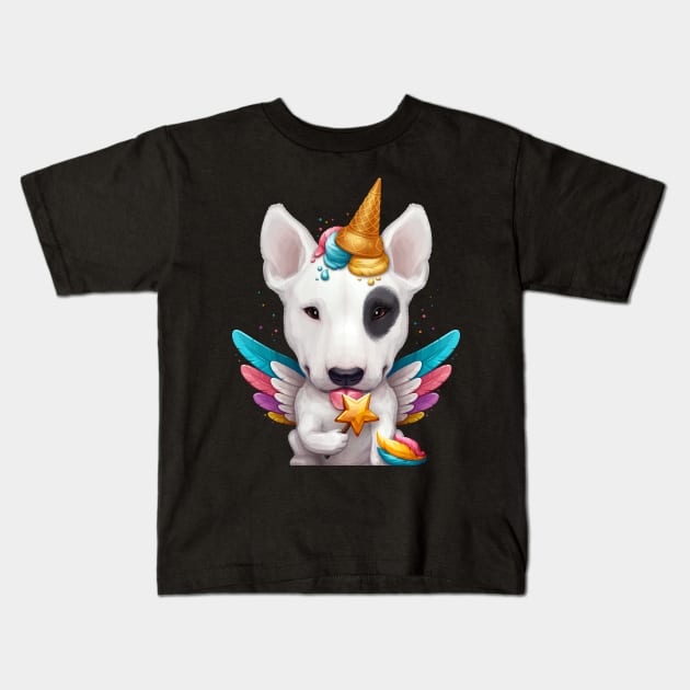 White Bull Terrier with Black Eye Patch Ice Cream Unicorn Kids T-Shirt by stonemask